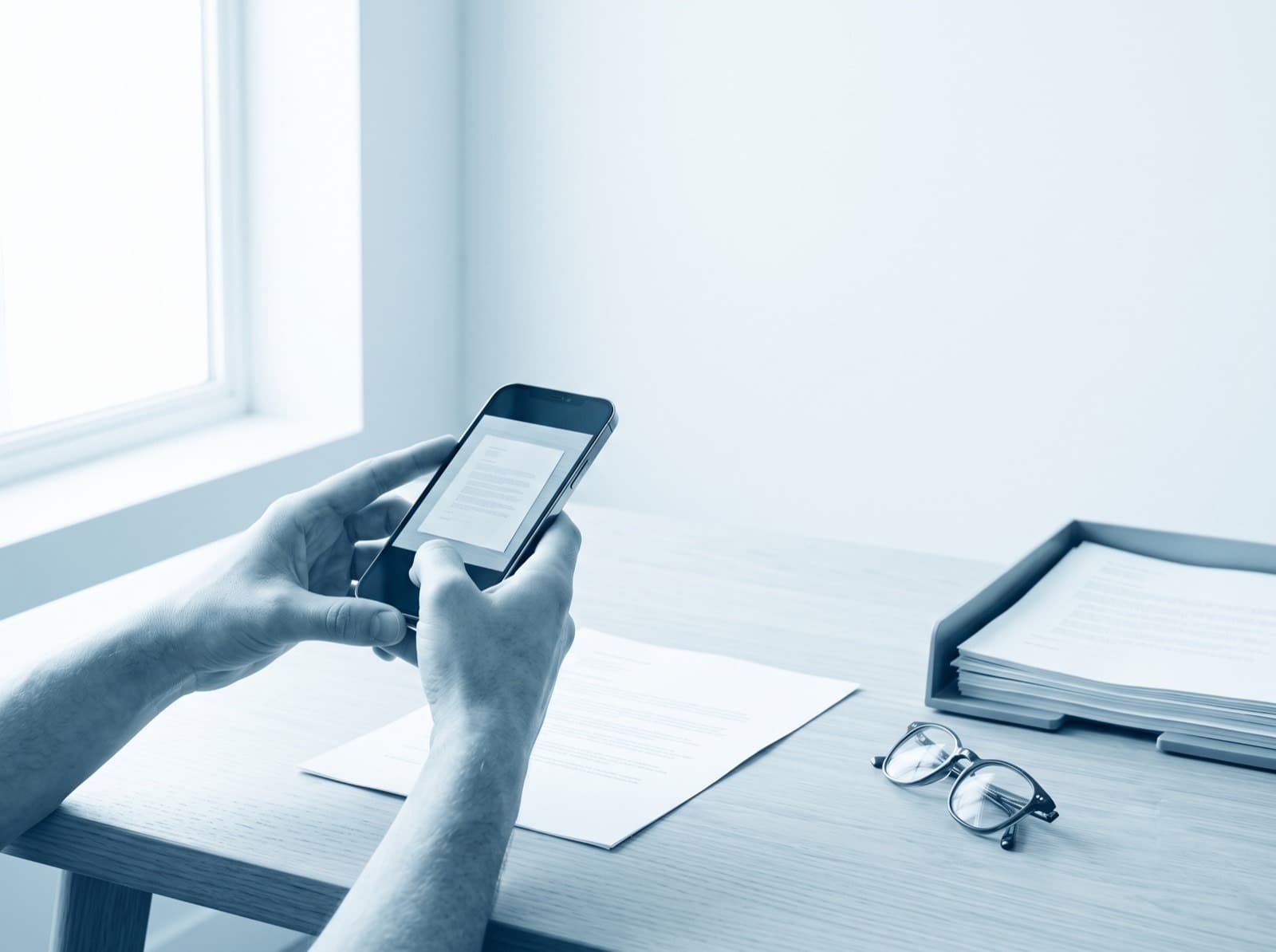 Iemand scant een papieren document met een smartphone aan een licht bureau