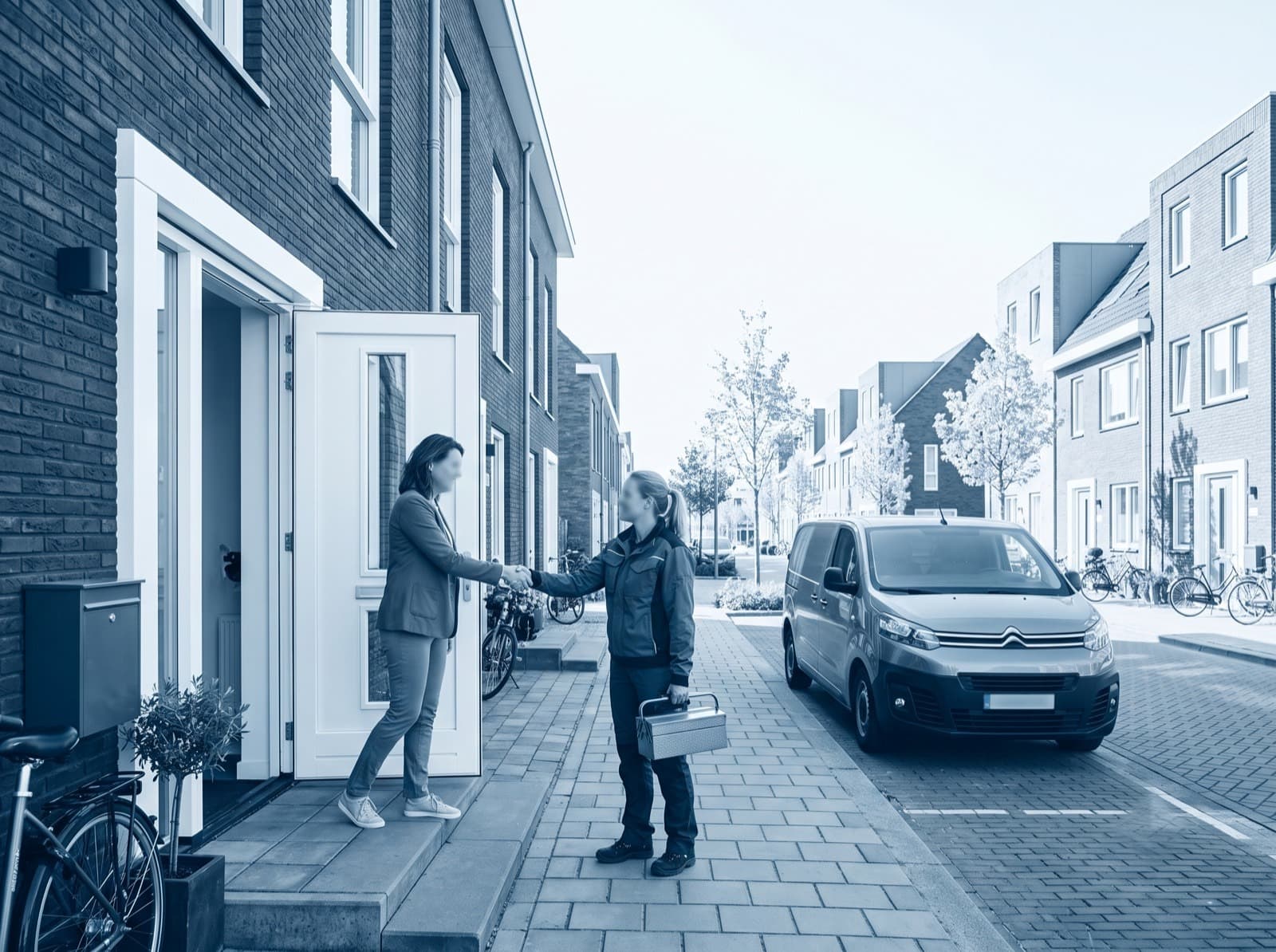 Monteur wordt door de bewoner begroet bij de voordeur, servicebus geparkeerd langs de stoep
