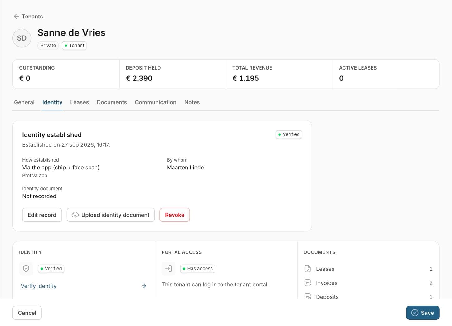 A tenant's identity in Protiva, established in the app with the chip of the identity document and a face scan.